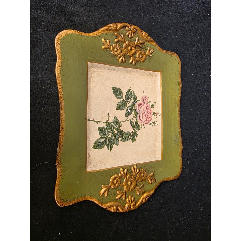 Vintage‎ Style Pink Rose Decorative Tray Sage Green Gold Floral Scalloped Edge
